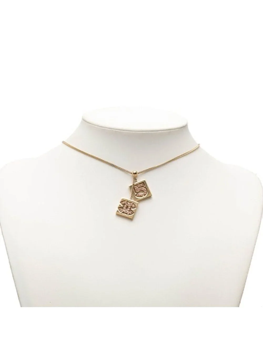 Chanel CC Logo No 5 Plate Chain Pendant 02P Gold Plated Rhinestone